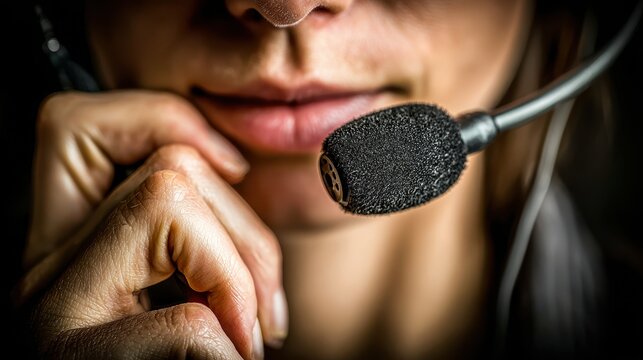 A macro shot, focusing on a woman's call center