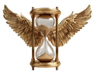 Golden hourglass with sand and detailed wings, floating midair, symbolizes time, fantasy, and freedom, with magical and surreal atmosphere, isolated on transparency background