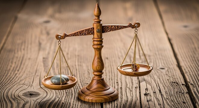 Symbolic scales on wood background concept of justice law decision balance