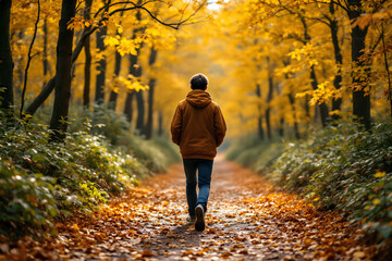 Fototapeta premium Autumn Walk in the Woods Solitude Path Into Nature Fall Foliage Gold