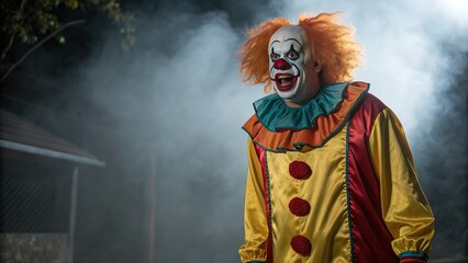 Terrifying clown with bright costume and makeup lurks in smoky, dark setting, creating fear and suspense.