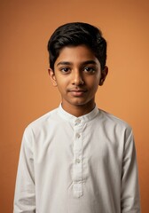 Obraz premium Portrait of a young indian boy with dark hair, wearing a white collared shirt, looking at the camera with a neutral expression