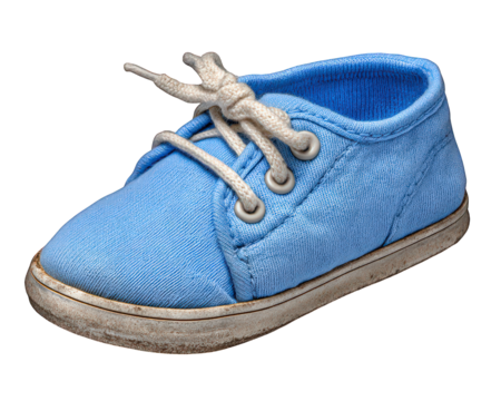 Blue canvas baby shoe with white laces, worn sole, casual style, isolated on transparency background, comfortable and practical for infants, soft material, playful and cute design