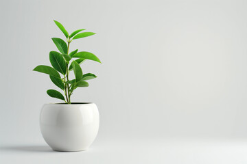 Green houseplant in simple beige ceramic pot
