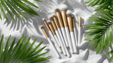 White gold makeup brushes tropical leaves