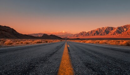 Desert highway at dawn,  golden light on mountains