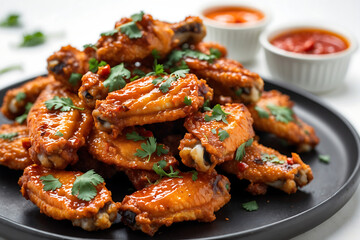 Delicious and spicy chicken wings with sesame seeds and cilantro garnish