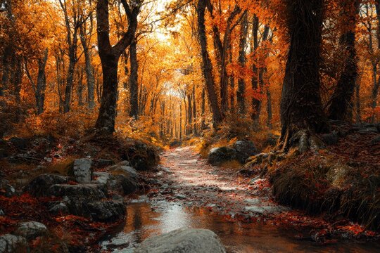 Autumnal forest path by a stream
