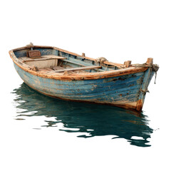 Obraz premium Weathered wooden rowboat floating on dark rippling water blue, Isolated On Png Transparent Background