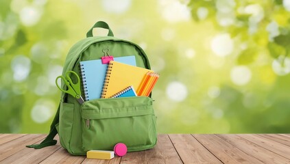 A green backpack filled with school supplies, set against a blurred natural background.