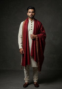 Indian man wearing traditional red embroidered shawl with kurta pajama, ethnic fashion style