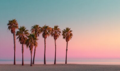 Obraz premium Pastel sunrise on a beach with palm trees