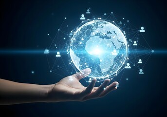 Hand holding a glowing digital globe with network connections and user icons, symbolizing global communication and technology.