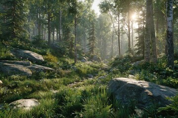 Sunlit forest path through rocks and greenery
