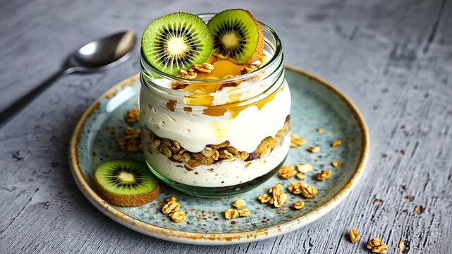 Delicious layered yogurt parfait with granola and kiwi slices on a rustic wooden table