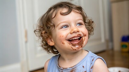 Joyful toddler gleefully covered in chocolate, pure happiness and messy fun!