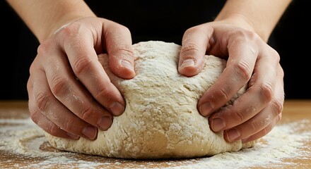 White Dough Being Kneaded by Hands on Wooden Table