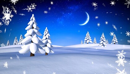 Winter night landscape with snow-covered trees and falling snowflakes