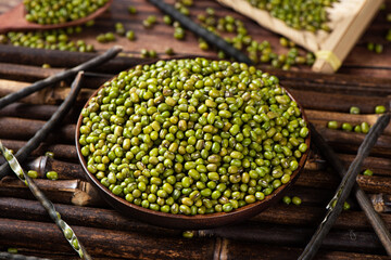 green mung beans on table.