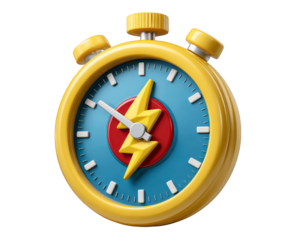 Yellow stopwatch with blue face, red center, and bold yellow lightning bolt symbol, representing fast timing, urgency, and flash sale concept, isolated on transparency background