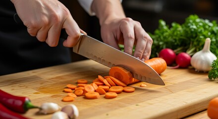 Chef Cutting Orange Carrot Slices on Wooden Board with Silver Knife