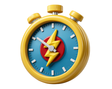 Yellow stopwatch with blue face, red center, and bold yellow lightning bolt symbol, representing fast timing, urgency, and flash sale concept, isolated on transparency background