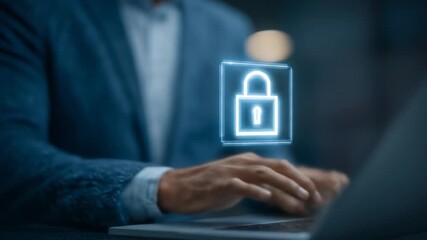 Businessman working on laptop with glowing padlock icon with cybersecurity concept. - Powered by Adobe