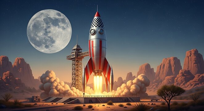 Vintage Rocket Launching to the Moon Against a Desert Landscape Backdrop