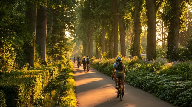 Cyclists riding through scenic tree-lined path in golden morning light, peaceful outdoor cycling for fitness, leisure, and nature enjoyment