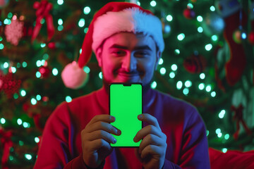  Portrait of a christmas man in santa hat holding smartphone with green screen