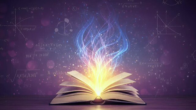 Enchanting video animation of an open book emitting swirling glowing wisps, set against a backdrop of mathematical equations on a dreamy purple background.  
