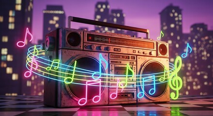 Retro Vibes: A Neon Music Journey with Boombox and Cityscape at Night 80s