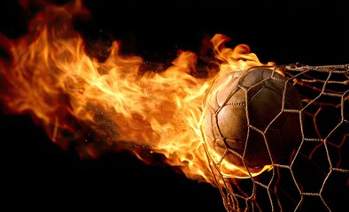 Burning soccer ball entering goal