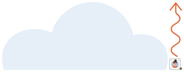 Blue cloud with upward red arrow and user profile photo symbolizing data upload, digital information management. Ideal for technology, data transfer, cloud computing, storage solutions, innovation
