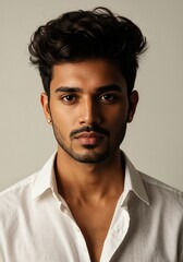 Obraz premium Closeup portrait of a young handsome indian man with stylish hair and beard, wearing a white shirt, looking at the camera