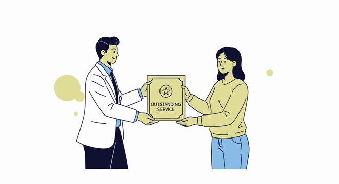 A man in a lab coat presents a "Super Service" award certificate to a woman in a casual outfit.