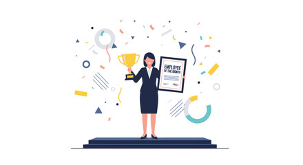 A businesswoman stands on a platform holding a trophy and an "Employee of the Month" certificate amidst falling confetti.