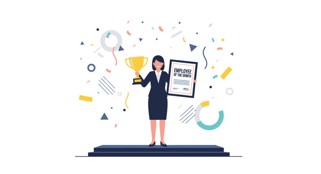 A businesswoman stands on a platform holding a trophy and an "Employee of the Month" certificate amidst falling confetti.