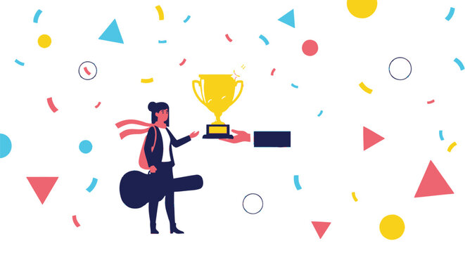 A woman receives a golden trophy from a hand amidst falling confetti, symbolizing achievement and recognition.