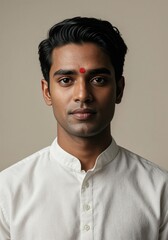 Obraz premium Portrait of a young indian man with a red bindi on his forehead, wearing traditional white clothing