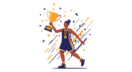 Fototapeta premium A female basketball player joyfully raises a golden trophy above her head, celebrating a victory with falling confetti.