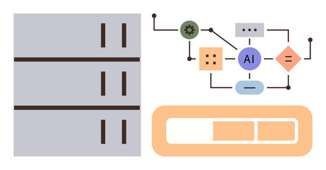 Server stack connected to AI nodes visualizing data flow, automation, and analysis. Ideal for technology, innovation, digital transformation, AI, data science machine learning automation. Simple