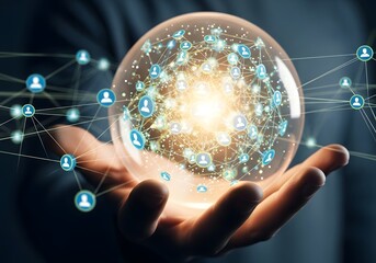 A hand holding a glowing sphere filled with connected network icons.