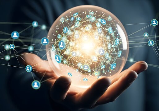 A hand holding a glowing sphere filled with connected network icons.