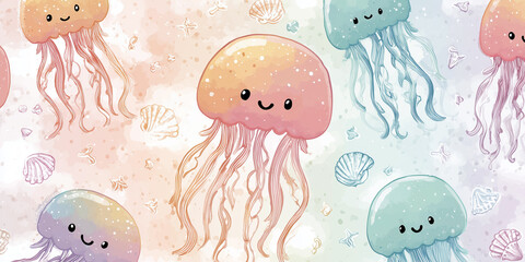 Cute jellyfish smiling and floating in the ocean with seashells and starfishes