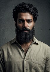 Obraz premium Portrait of a serious indian man with a full beard and curly hair, looking intensely at the camera