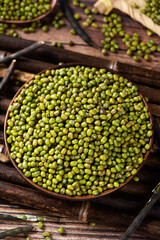 green mung beans on table.