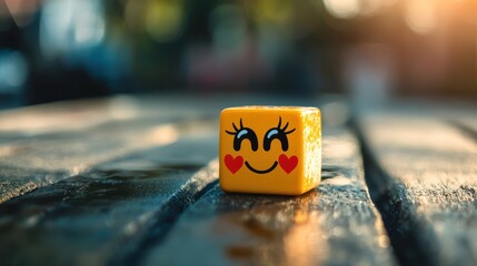 A yellow emoji cube with heart eyes and a smile, placed on a wooden surface with a blurred background. The lighting is warm and natural, creating a cheerful and playful atmosphere.