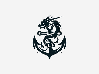 Mythical dragon coiled around anchor in powerful nautical vector logo