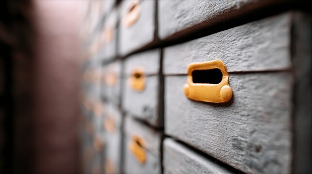 Close up of a wall of weathered wooden pigeonholes with yellow handles